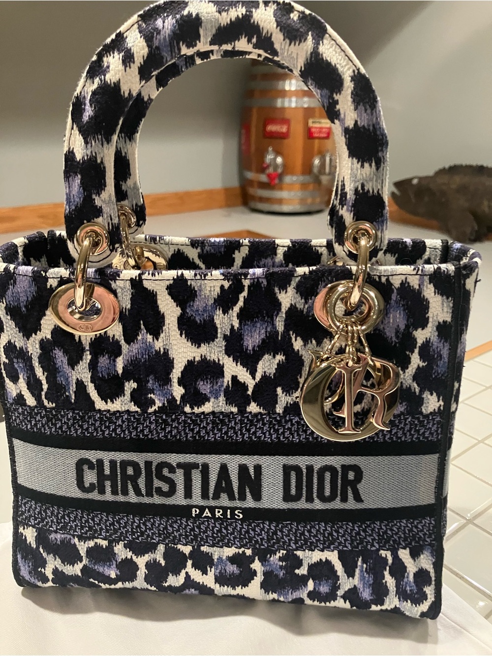 CHRISTIAN DIOR LITE LIMITED EDITION MIZZA  embroidered IN BLUE LEOPARD LIKE NEW!